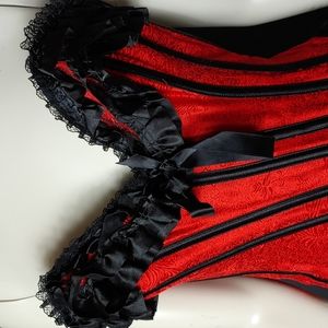 Living Dead Souls Sz Small Side Zip Up Red Brocade and Black Ruffle Lace Corset